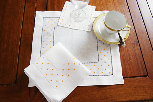 Square Linen Placemat. Orange colored Swiss Polka Dots.14"sq.1pc